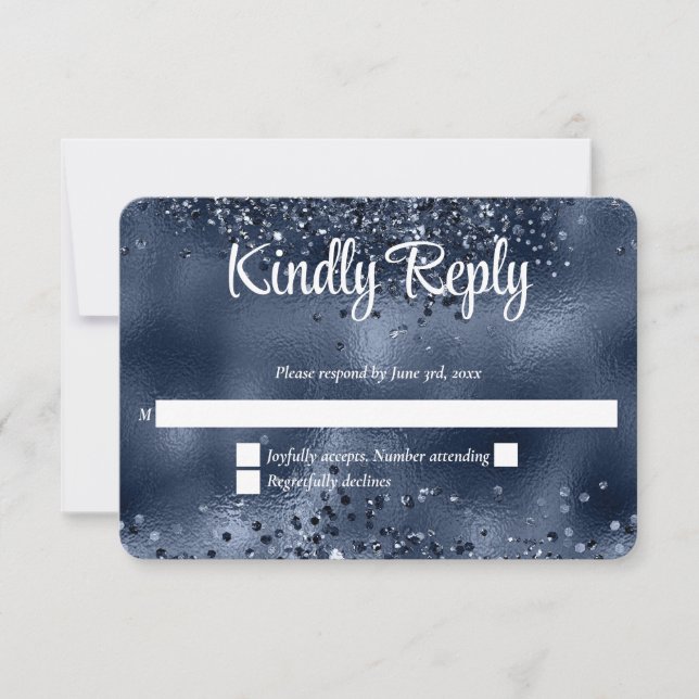 Elegante Imitats Dark Blue Glitzer & Foil Wedding RSVP Karte (Vorderseite)