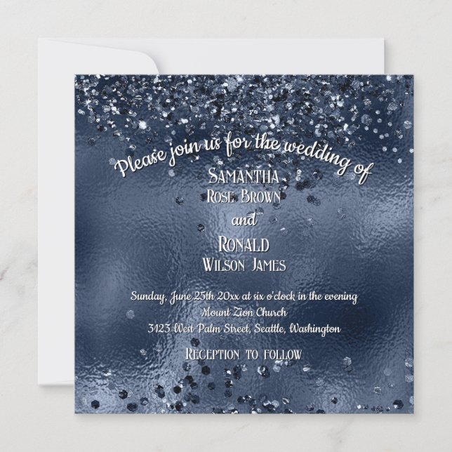 Elegante Imitats Dunkelblauer Glitzer und Foil Wed Einladung (Vorderseite)