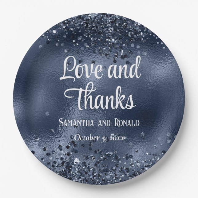Elegante Imitats Dunkelblauer Glitzer und Foil Wed Pappteller (Vorderseite)
