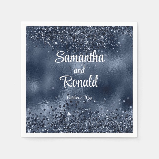 Elegante Imitats Dunkelblauer Glitzer und Foil Wed Serviette (Vorderseite)