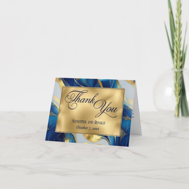 Elegante Imitats Gold, Blue & White Wedding Vielen Dankeskarte (Vorderseite)