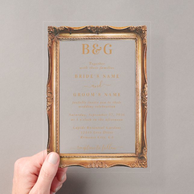 Elegante Imitats Gold Frame Monogram Wedding Clear Acryleinladungen (Insitu (Handheld))