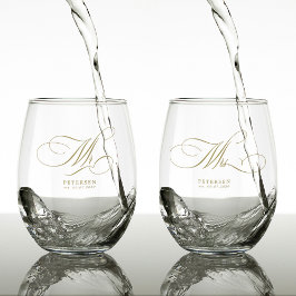 Elegante Imitats Gold Mr. and Mrs. individuelle Na Weinglas Ohne Stiel
