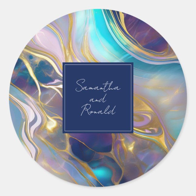 Elegante Imitats Gold und Blue Opal Stone wirbeln Runder Aufkleber (Vorderseite)