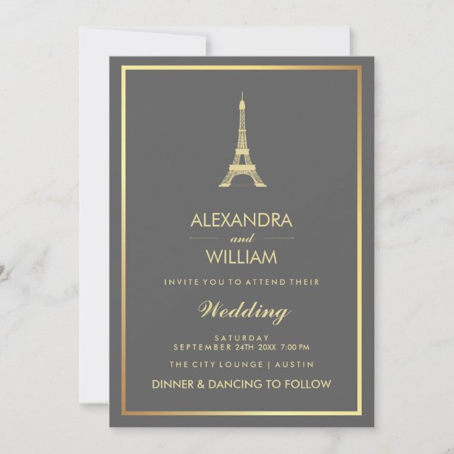 Elegante Imitats Goldener Eiffelturm auf der graue Einladung (Vorderseite)