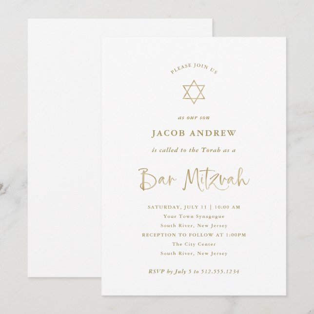 Elegante Imitats Goldkalligraphie | Bar Mitzvah Einladung (Vorne/Hinten)