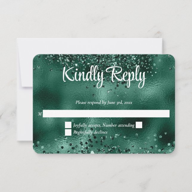 Elegante Imitats Grün Glitzer & Foil Hochzeit RSVP Karte (Vorderseite)