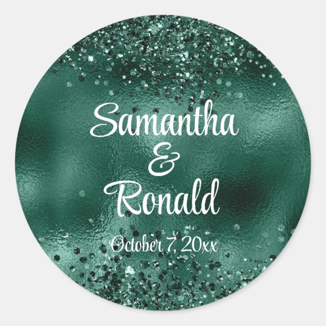 Elegante Imitats Grüne Glitzer- und Foil-Hochzeit Runder Aufkleber (Vorderseite)