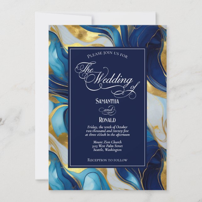 Elegante Imitats Hochzeit in Gold, Blau und Weiß Einladung (Vorderseite)