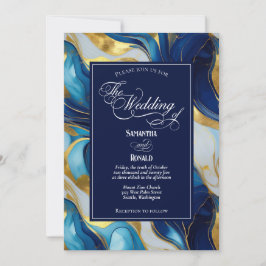 Elegante Imitats Hochzeit in Gold, Blau und Weiß Einladung