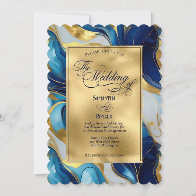 Elegante Imitats Hochzeit in Gold, Blau und Weiß Einladung (Vorderseite)
