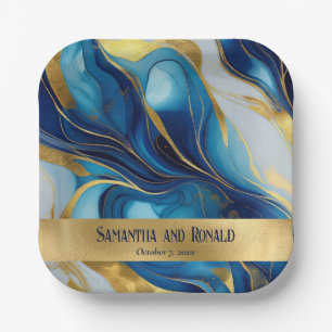 Elegante Imitats Hochzeit in Gold, Blau und Weiß Pappteller