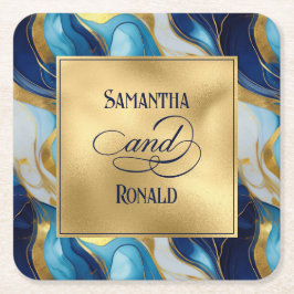 Elegante Imitats Hochzeit in Gold, Blau und Weiß Rechteckiger Pappuntersetzer