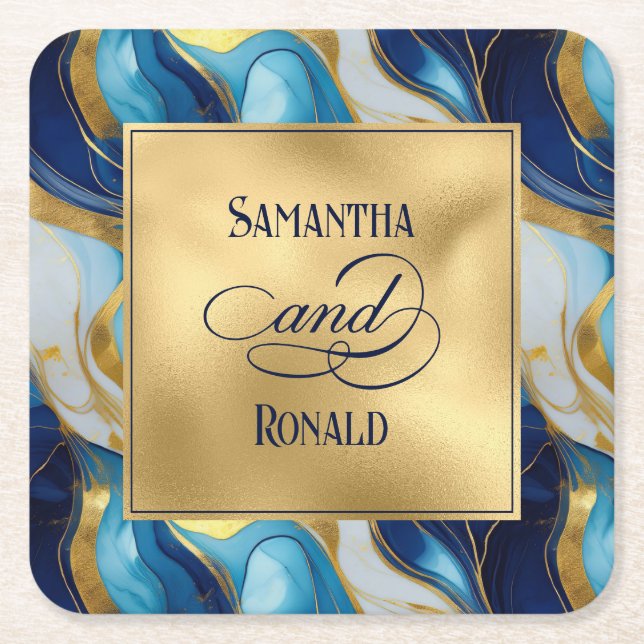 Elegante Imitats Hochzeit in Gold, Blau und Weiß Rechteckiger Pappuntersetzer (Vorderseite)