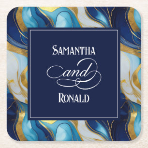 Elegante Imitats Hochzeit in Gold, Blau und Weiß Rechteckiger Pappuntersetzer