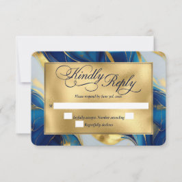 Elegante Imitats Hochzeit in Gold, Blau und Weiß RSVP Karte