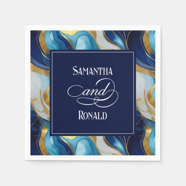 Elegante Imitats Hochzeit in Gold, Blau und Weiß Serviette (Vorderseite)