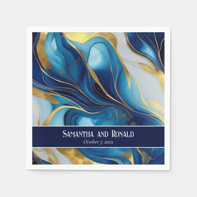 Elegante Imitats Hochzeit in Gold, Blau und Weiß Serviette (Vorderseite)