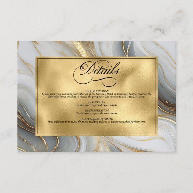 Elegante Imitats Hochzeit in Gold, Grau und Weiß Begleitkarte (Vorderseite)