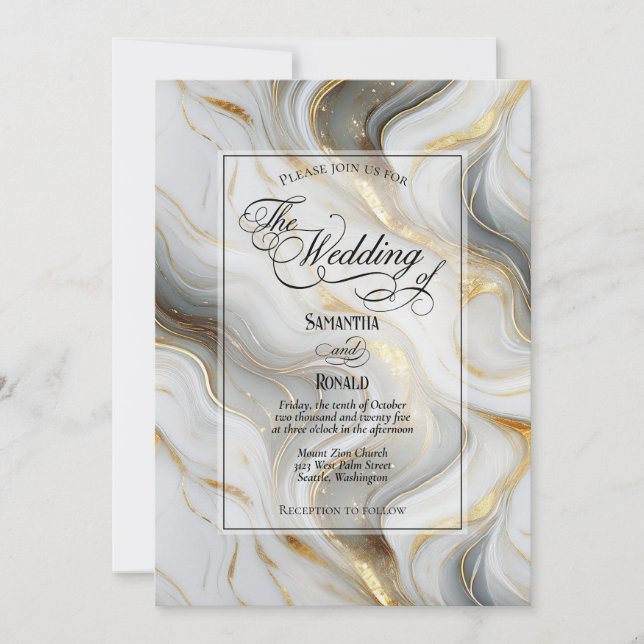 Elegante Imitats Hochzeit in Gold, Grau und Weiß Einladung (Vorderseite)