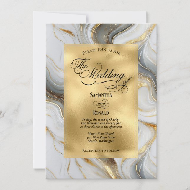 Elegante Imitats Hochzeit in Gold, Grau und Weiß Einladung (Vorderseite)