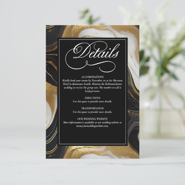 Elegante Imitats Hochzeit in Gold, Schwarz und Wei Begleitkarte (Stehend Vorderseite)