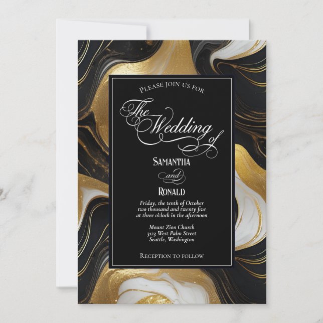 Elegante Imitats Hochzeit in Gold, Schwarz und Wei Einladung (Vorderseite)