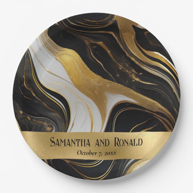 Elegante Imitats Hochzeit in Gold, Schwarz und Wei Pappteller (Vorderseite)