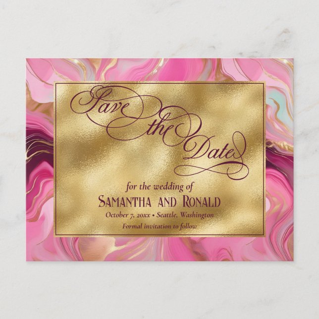 Elegante Imitats Hochzeit in Gold und Rosa Ankündigungspostkarte (Vorderseite)