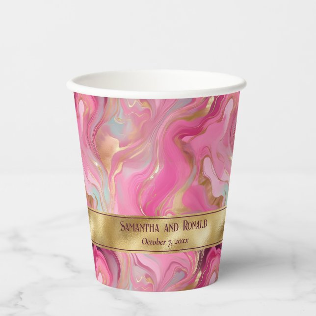Elegante Imitats Hochzeit in Gold und Rosa Pappbecher (Vorderseite)