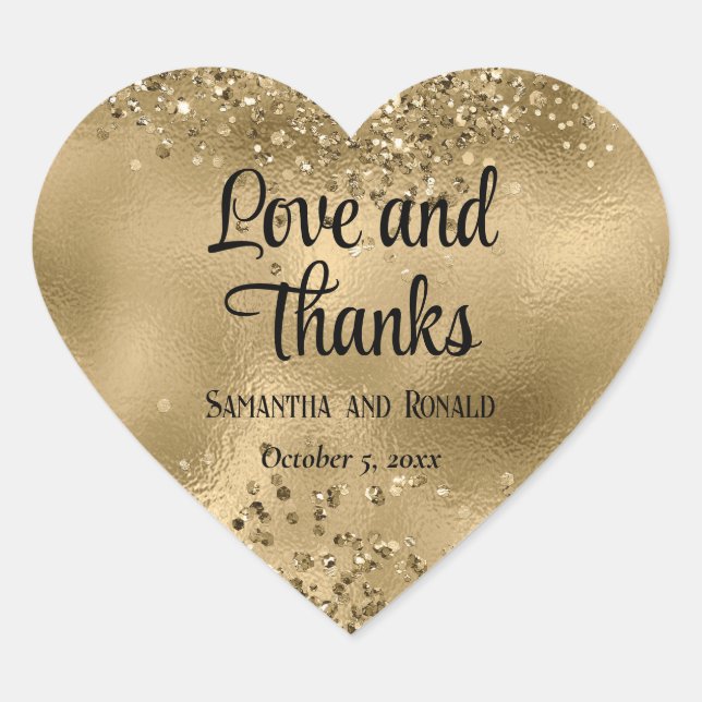 Elegante Imitats Hochzeit mit Gold Glitzer und Foi Herz-Aufkleber (Vorderseite)