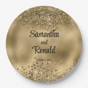 Elegante Imitats Hochzeit mit Gold Glitzer und Foi Pappteller