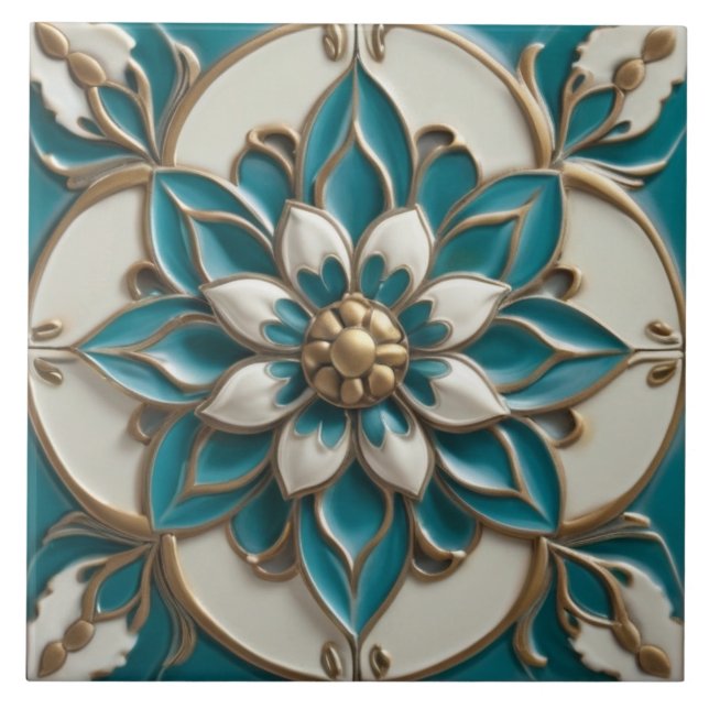 Elegante Imitats Relief Floral Türkis Weiß & Gold Fliese (Vorderseite)