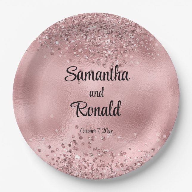 Elegante Imitats Rosa Glitzer und Foil Wedding Pappteller (Vorderseite)