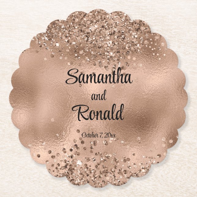 Elegante Imitats Rose Gold Glitzer und Foil Weddin Untersetzer (Vorderseite)
