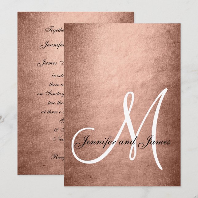 Elegante Imitats Rose Gold Monogram Wedding Einladung (Vorne/Hinten)