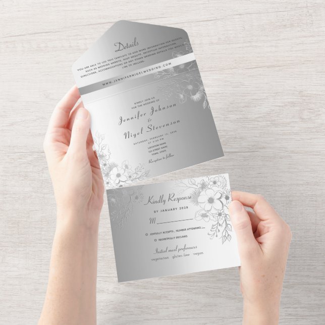 Elegante Imitats Silver Wedding All In One Einladung (Abreißen)