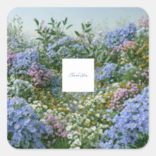 Elegante Immergrün-Blau Orange Wildblumenwiese Quadratischer Aufkleber