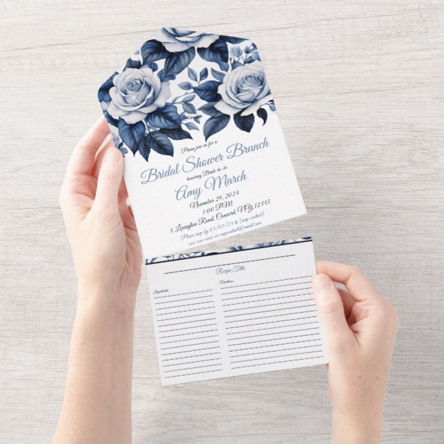 Elegante in Blue Rose Brautparty & Rezept All In One Einladung (Abreißen)