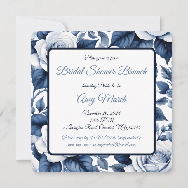 Elegante in Blue Rose Bridal Dusche Einladung (Vorderseite)