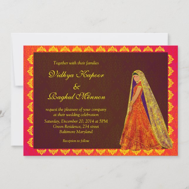 Elegante Indische Braut / Damask Hochzeitsankündig Einladung (Vorderseite)