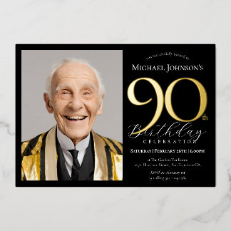 Elegante individuelle Foto Schwarz Gold 90. Geburt Folieneinladung