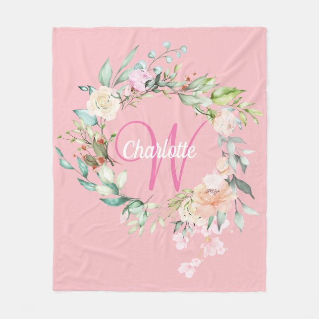 Elegante Initial Script Monogram Summer Rose rosa Fleecedecke (Vorderseite)