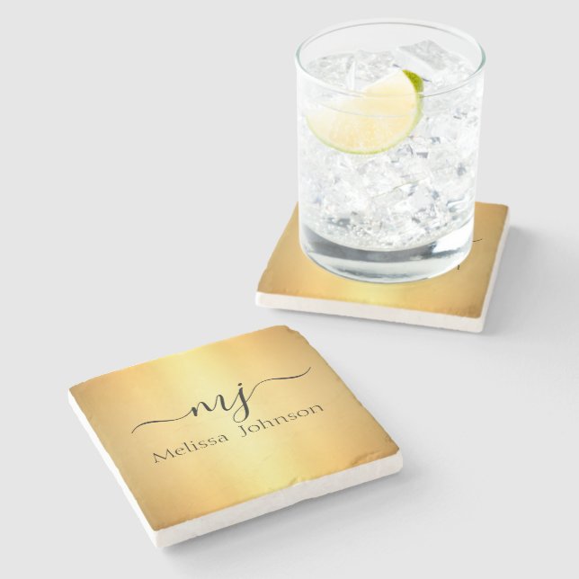 Elegante Initialen auf Gold Steinuntersetzer (Seitenansicht)