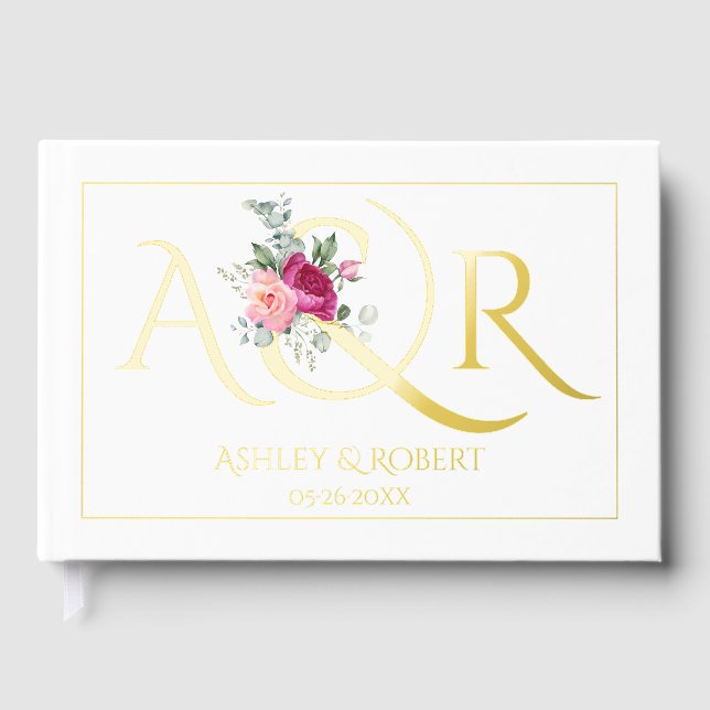 Elegante Initialen, rosa Rosen, Foto Hochzeit Gästebuch (Vorderseite)