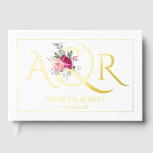 Elegante Initialen und rosa Rosen Hochzeitfolie Gästebuch