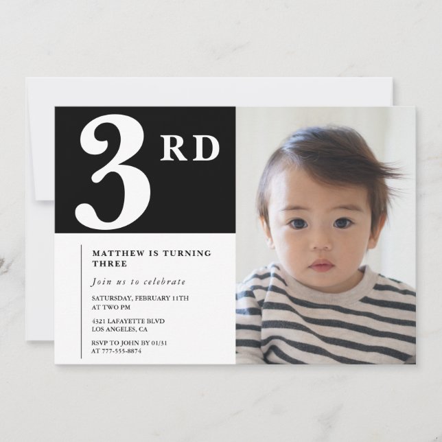Elégante invitation 3e anniversaire Black Boy Phot (Devant)