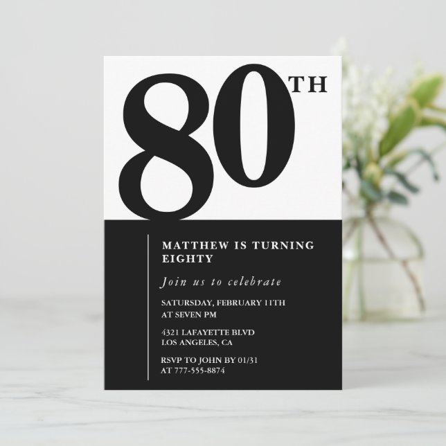 Elégante invitation 80e anniversaire Black Chic Mo (Debout devant)