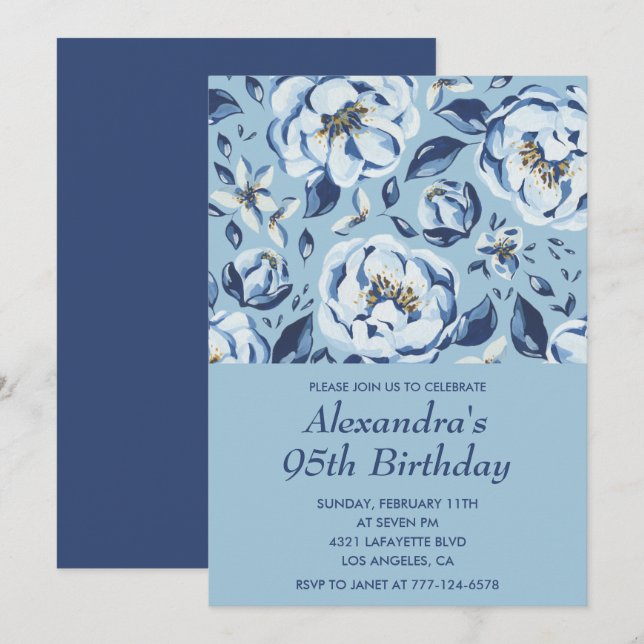 Elégante invitation 95e anniversaire Floral Blue (Devant / Derrière)