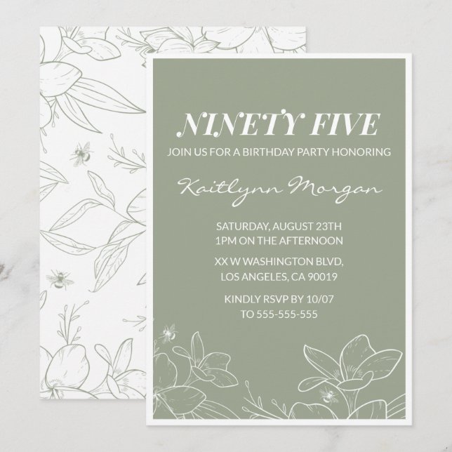 Elégante invitation 95e anniversaire Floral Green (Devant / Derrière)